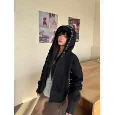 批发纯棉华棉  美式高街灰色钉珠连帽<b class='q'>卫衣</b>女秋冬季<b class='q'>潮牌</b>宽松开衫外套