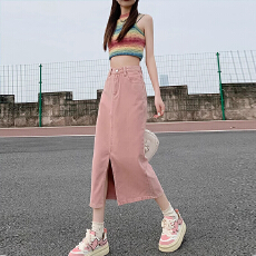 批发小个子夏季浅色脏粉色牛仔半身裙女中长款开叉牛仔裙半身裙