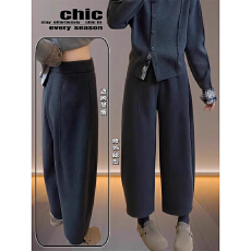 批发灰色毛呢哈伦休闲裤<b class='q'>女</b>秋冬季新款145xxs矮个子高腰宽松八分弯刀裤