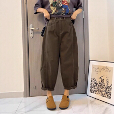 批发150xs秋冬季新款高腰老爹牛仔裤小个子宽松卡其色九分阔腿<b class='q'>哈伦裤</b>