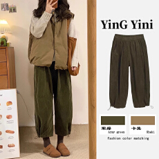 批发灯芯绒束脚运动卫裤女秋冬复古小个子宽松<b class='q'>哈伦</b>直筒阔腿休闲裤九分