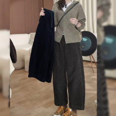 批发复古冬季松紧高腰灯芯绒<b class='q'>九分</b>阔腿<b class='q'>哈伦裤</b>矮小个子145xxs休闲弯刀裤