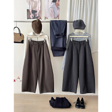 批发冬季深灰色毛呢阔腿休闲裤高腰宽松矮个子气球哈伦裤女休闲八分裤