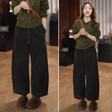 批发港风复古高腰苔藓绿灯芯绒九分阔腿<b class='q'>哈伦裤</b>女冬季小个子休闲弯刀裤