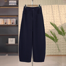 批发藏青色毛呢气球哈伦路加厚小个子150cm百搭<b class='q'>高腰</b>宽松休闲弯刀裤冬