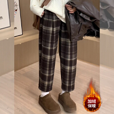 批发小个子秋冬季加绒格子<b class='q'>裤</b>女八分显瘦高腰<b class='q'>哈伦</b>直筒休闲毛呢<b class='q'>裤</b>150xs