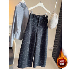 批发碎花加绒加厚毛呢阔腿哈伦裤女小个子春秋冬高腰百搭弯刀裤女150