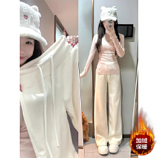 批发加绒加厚高腰抽绳直筒休闲裤矮个子慵懒风垂感拖地阔腿糯米裤145