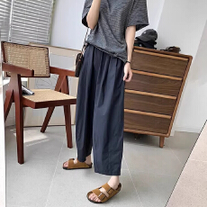 批发藏青色高腰九分<b class='q'>哈伦裤</b>女150小个子夏季薄款宽松阔腿休闲山本裤子