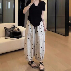 批发波点亚麻<b class='q'>休闲</b>裤女春夏薄款宽松高腰显瘦束脚九分阔腿灯笼裤小个子
