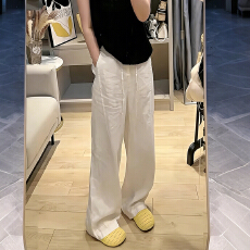 批发白色亚麻直筒<b class='q'>休闲裤</b><b class='q'>女</b>夏季2026薄款小个子高腰显瘦垂感阔腿拖地裤