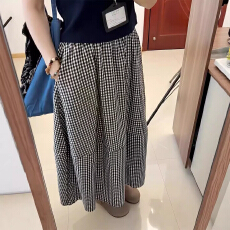 批发<b class='q'>复古</b>格子半身裙女夏季高腰宽松a字中长款花苞大摆伞裙矮小个子145