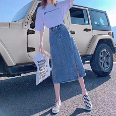 批发浅蓝色开叉牛仔半身裙女夏季新款高腰a字中长款直筒包臀裙小个子
