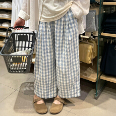 批发韩系棉麻休闲格子<b class='q'>哈伦</b>裤女夏季薄款八分阔腿小个子高腰慵懒萝卜裤