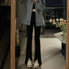 批发复古黑色开叉微喇牛仔裤女小个子秋季新款高腰显瘦九分喇叭裤子xs