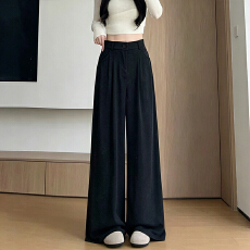 批发黑色西装糯米裤女小个子早秋穿搭高腰百搭垂感直筒休闲阔腿拖地裤