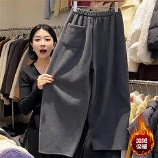 批发矮个子黑灰色毛呢萝卜阔腿九分裤女秋冬季高腰百搭显瘦休闲弯刀裤