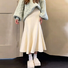 批发杏色鱼尾针织<b class='q'>半身</b>裙高腰荷叶边<b class='q'>包臀</b>裙百搭显瘦中长款a字裙小个子