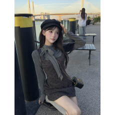 批发韩系<b class='q'>假两件</b>拼接蝴蝶结波点<b class='q'>连衣裙</b>2025秋季新款收腰显瘦A字短裙女