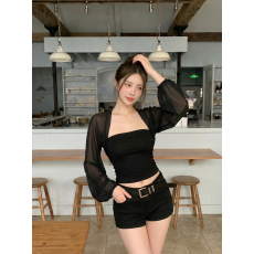 夏季新款性感御姐风网纱拼接灯笼袖收腰凉感微透长袖t恤女装上衣