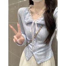 批发纯欲风假两件蕾丝拼接长袖T恤女秋季内搭修身针织打底衫正肩上衣