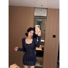 批发性感辣妹风藏蓝色绑带抹胸<b class='q'>连衣裙</b>女叠穿修身气质长袖针织开衫套装