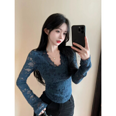 批发气质蕾丝边拼接V领打底衫长袖女性感修身收腰锁骨正肩t恤上衣