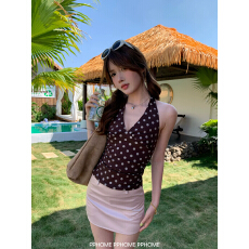 批发度假风韩式性感露背挂脖波点背心女<b class='q'>夏</b>季新款V领绑带修身短款上衣