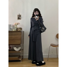 实拍~胖MM简约时尚一字肩收腰绑带长袖上衣+高腰半身裙针织套装