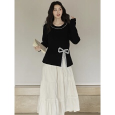 批发韩式钉珠针织衫女新款胖mm上衣打底内搭蕾丝拼接毛衣+半身裙套装