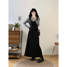 批发实拍~秋冬新款法式<b class='q'>复古</b>显瘦减龄气质名媛波点毛呢裙+打底衫套装