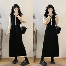 批发实拍~<b class='q'>大码</b>黑色法式小香风针织撞色假两件显瘦<b class='q'>连衣裙</b>长<b class='q'>裙</b>