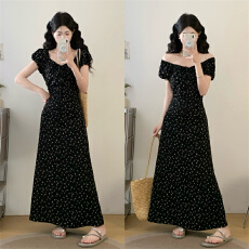 实拍~新款法式赫本风高级感黑色碎花连衣裙长裙