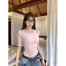 实拍 新款纯欲风修身百搭高级时尚小圆领收腰五分袖上衣