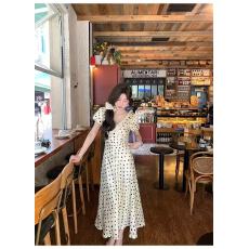胖MM夏季波点V领法式拼接温柔风系带优雅长款连衣裙