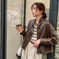 批发2026港风新款小众酷飒风机车服美拉德咖色立领短款秋季<b class='q'>皮衣</b>外套女