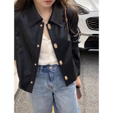 批发黑色pu皮衣女外套秋季2026新款设计感小众翻领金扣短款机车服上衣