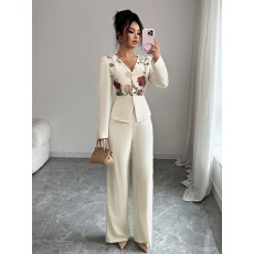 批发2026 年夏季亚马逊<b class='q'>欧美</b>女装女士v领长袖绣花上衣裤子套装时尚气质