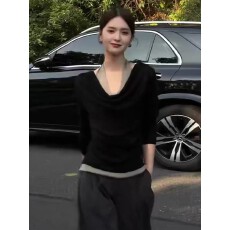 批发法式松弛感斜肩假两件挂脖<b class='q'>背心</b>毛衣女2025新款秋季氛围感慵懒上衣