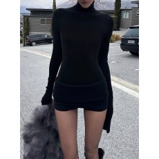 批发辣妹速成 黑色针织套<b class='q'>装</b>女高领正肩长袖上衣短<b class='q'>裤</b>两件套