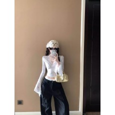 批发早秋穿搭一整套减龄时尚小香风喇叭袖蕾丝上衣牛仔长裤<b class='q'>两件套</b>装女