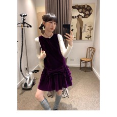 批发le rouge周美美 暗夜紫节日千金感蝴蝶结丝绒背心连衣裙