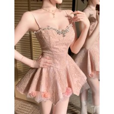 批发少女风甜美短裙春夏收腰显瘦设计感重工镶钻不规则吊带<b class='q'>连衣裙</b>女