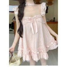 批发粉色蕾丝小飞袖吊带<b class='q'>连衣裙</b>女夏季海边度假绝美气质修身短裙子