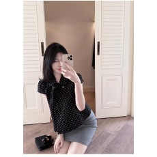 批发Laareetoo 复古波点翻领格纹短袖上衣女夏季翻领<b class='q'>女装</b>格子衬衫外套