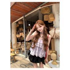 批发thepeachofficial【芋紫雾岛】少女风荷叶边层叠波点吊带上衣衬衫