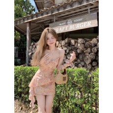 批发Q女家 橘子冰/法式油画碎花连衣裙显瘦不规则海边吊带短裙子女春