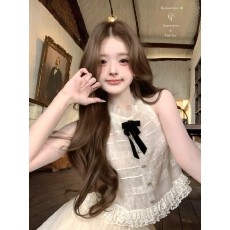 批发迟伞伞26/ss 贝拉衣橱 jor*a 多层细闪<b class='q'>欧根纱</b>丝绒蝴蝶结无袖<b class='q'>上衣</b>