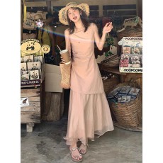 批发陈文文xenl【蝶梦霓裳】粉色吊带不规则连衣裙钉珠清迈度假风长裙