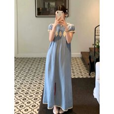 批发le rouge周美美 博主同款苎麻复古泡泡袖蕾丝花边压褶古董连衣裙
